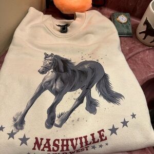Women’s Cream Horse Graphic Sweatshirt with Lace and Rhinestone